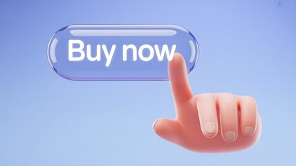 Hand clicks a glowing "Buy now" button, representing online shopping and impulse purchases.