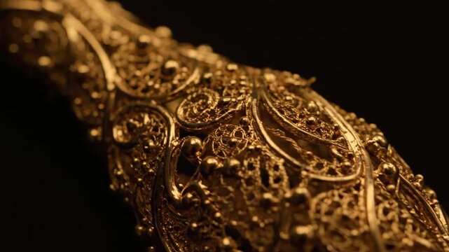 a close-up of an intricately designed gold object on a black background . use as multipurpose tittle intro, background. product mockup. motion graphics background