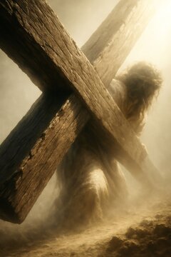 Jesus carrying wooden cross through dust and light