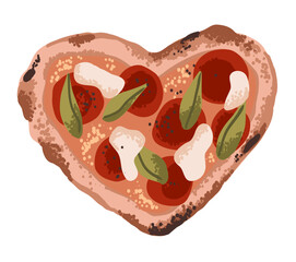 Italian pizza in heart shape with cheese and tomato