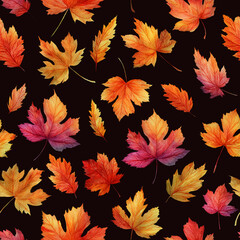 Seamless pattern of glowing autumn watercolor maple leaves in warm orange, red and gold tones scattered over a deep dark background. Elegant and cozy fall design.