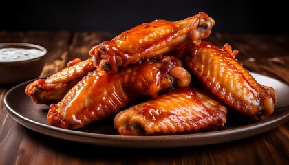crispy golden brown chicken wings piled high glistening with sauce