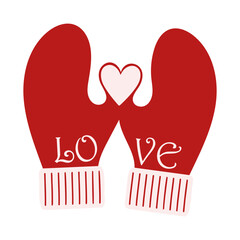 red winter mittens with heart and love text, romantic concept