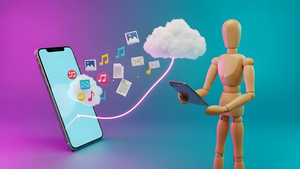 スマホから飛び出す雲へデータを転送するデッサン人形