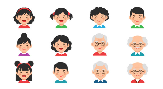 Grid of diverse human face icons representing different ages and genders from young children to elderly grandparents.