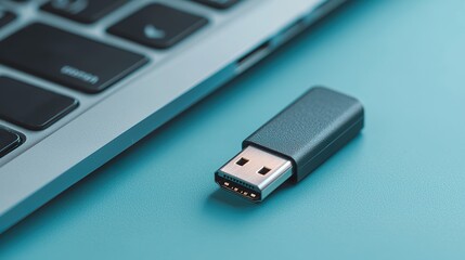 USB drive mockup, plugged into laptop, data transfer, modern technology,