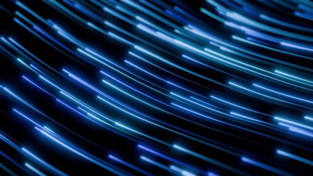Abstract technology background with flow of glowing blue light streaks with wavy motion in the dark. Curved neon lines animation resembling data streams, energy flows or electronic signals. 4K 60fps
