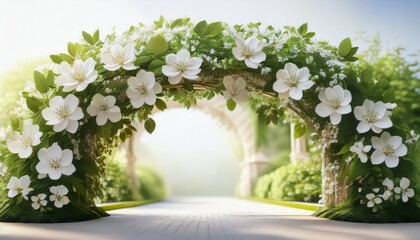 floral archway of white blossoms and green leaves