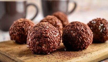 dark chocolate rice balls on an old wooden board with coffee cups in the background each brownish red round rice ball with visible coconut texture