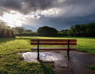 empty park bench under cloudy sky reflecting soft light after rain