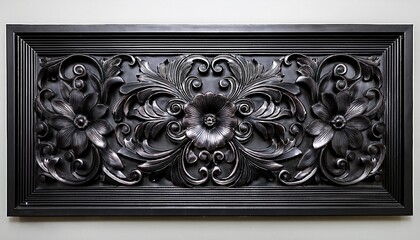 ornate black decorative wall applique with intricate floral and scroll patterns centered on a white background showcasing elegance and sophistication