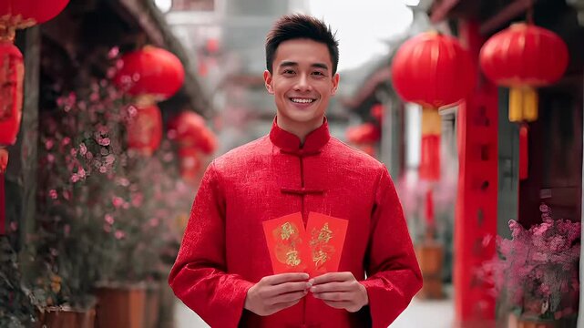 Chinese lunar new year holiday celebration. Spring festival tradition. Chunjie. Asia. A young man in a red traditional Chinese outfit holds a red packet with golden Chinese characters.