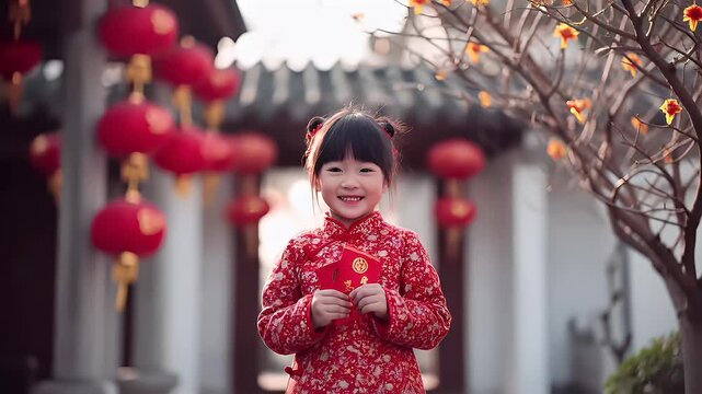 Chinese lunar new year holiday celebration. Spring festival tradition. Chunjie. Asia. A young girl in a traditional red cheongsam holding a red packet with golden Chinese characters.