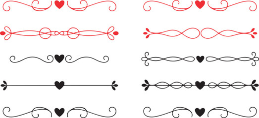 Fototapeta premium A diverse collection of red and black line dividers featuring hearts and elegant swirling patterns