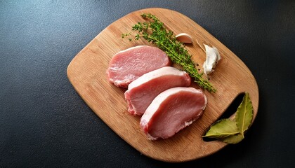 fresh raw pork chops and herbs on a cutting board are ready for cooking a delicious dinner meal fresh and uncooked ready for cooking