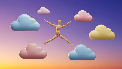 カラフルな雲の上を次々と飛び移るデッサン人形