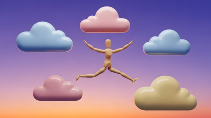 カラフルな雲の上を次々と飛び移るデッサン人形