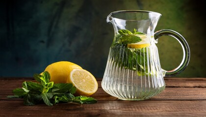 refreshing still life of mint and lemon in crystal pitcher
