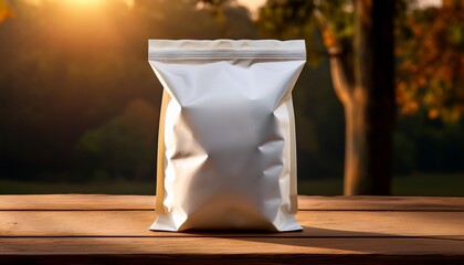 present a chips bag with a matte finish and blank design standing on a rustic wooden table the matte texture a soft muted look with natural morning light enhancing its contours