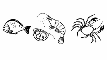 Hand Drawn Outline Illustrations of Seafood Elements