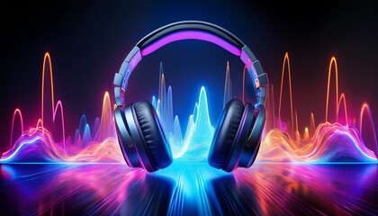 vibrant neon headphones illuminated by a pulsating soundwave on a reflective surface