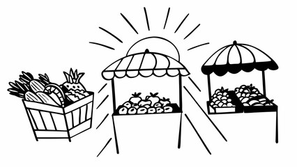 Hand drawn outline market stalls with fresh produce