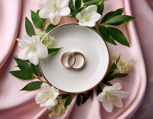 elegant silver wedding rings atop a white circular plate positioned centrally on soft pink satin fabric accented by delicate green leaves and white blooms