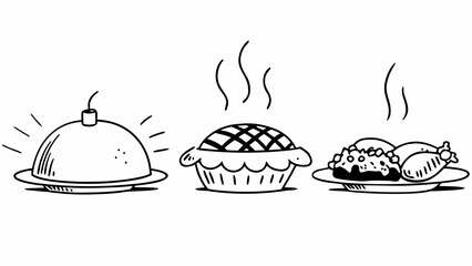 Hand drawn pies and desserts on white background