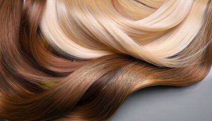 elegant flowing long blonde and brown hair strands on a soft grey background capturing the luster and health of vibrant hair textures