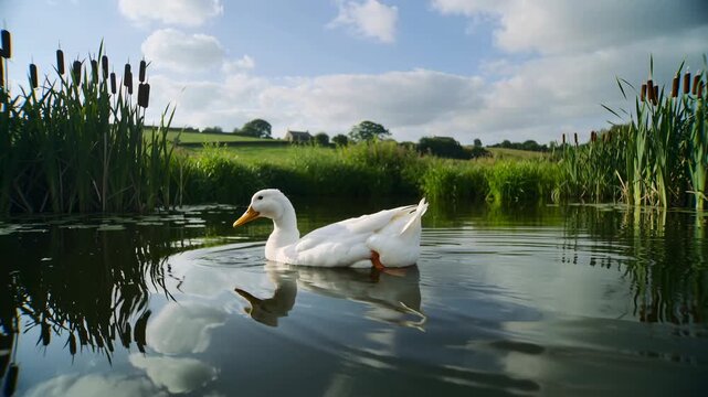 White duck swimming on a pond. Domestic waterfowl floating in a rural lake with cattails and green hills. Nature and farm life scene