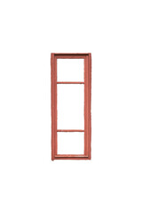 Red narrow wooden vertical window frame with three lights is isolated.
