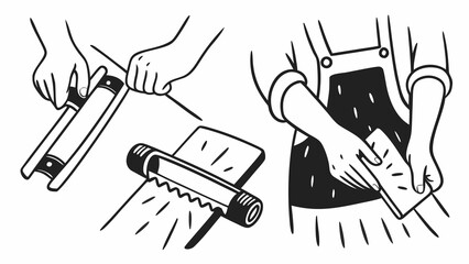 Hand preparing food with kitchen tools illustration