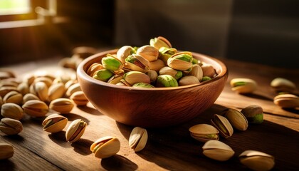 wooden bowl filled with roasted pistachio nuts placed on a rustic wooden table with scattered whole pistachios and natural light from a window