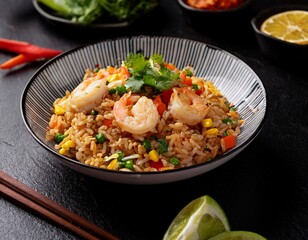 delicious yangzhou fried rice with shrimp egg and colorful vegetables