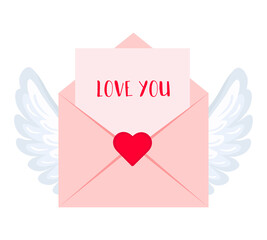 Love envelope with wings. Love you. Color vector illustration. PNG with transparent background.