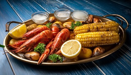 a platter of seafood boil with shrimp corn on the cob and potatoes