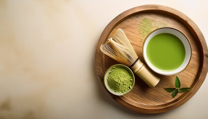 a green tea on a rustic wooden tray and matcha powder on a cream light background clean space on top for overlay design
