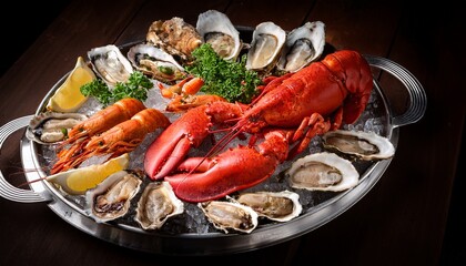 a platter of seafood including lobster shrimp and oysters