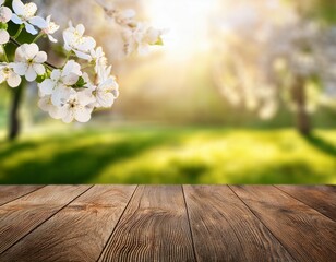 wooden table with spring flowers in natural garden background