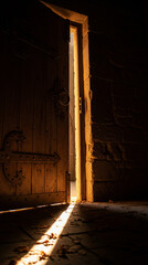 A ray of hope: Dramatic light shining through a slightly open door into darkness.