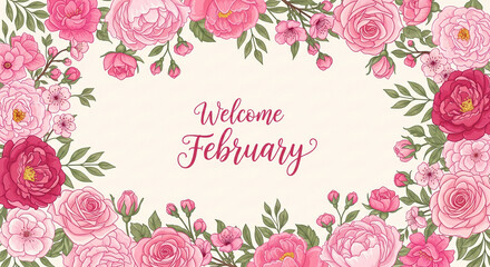 Pink Watercolor Roses February Welcome Banner Floral Wreath Illustration Vector