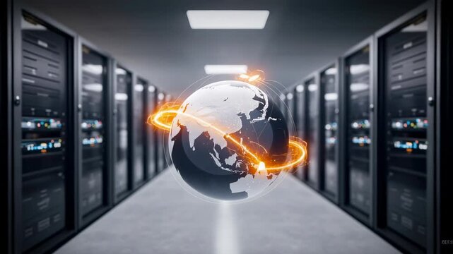 Global network data center server internet cyber security connection technology in cyberspace digital globe background