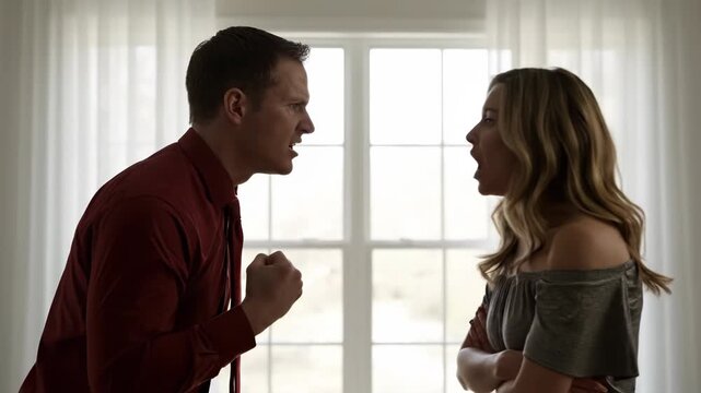 Couple arguing in front of a window with white curtains and daylight