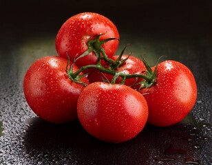 fresh ripe tomatoes clustered together wet with water droplets