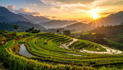 Beautiful Terraced Rice Fields at Sunrise.