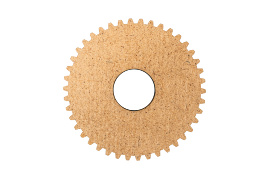 Light brown plywood cog gear wheel with teeth is isolated. - Powered by Adobe