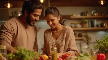 In a modern kitchen, a young couple is joyfully cooking together, surrounded by fresh vegetables and vibrant ingredients. The couple shares laughter and smiles, creating a warm and