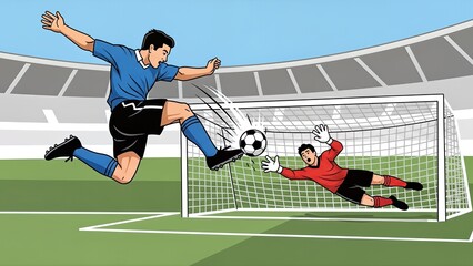 Soccer Player Kicking Ball Towards Goal with Goalkeeper Trying to Save.