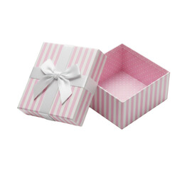 Pink and white striped gift box with lid open and white ribbon bow
