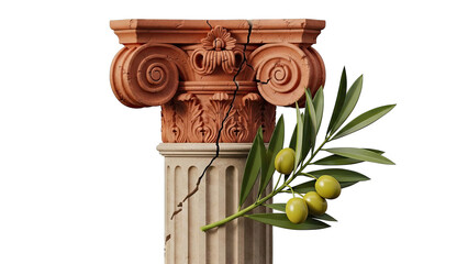 Damaged Ancient Greek Column with Olive Branch